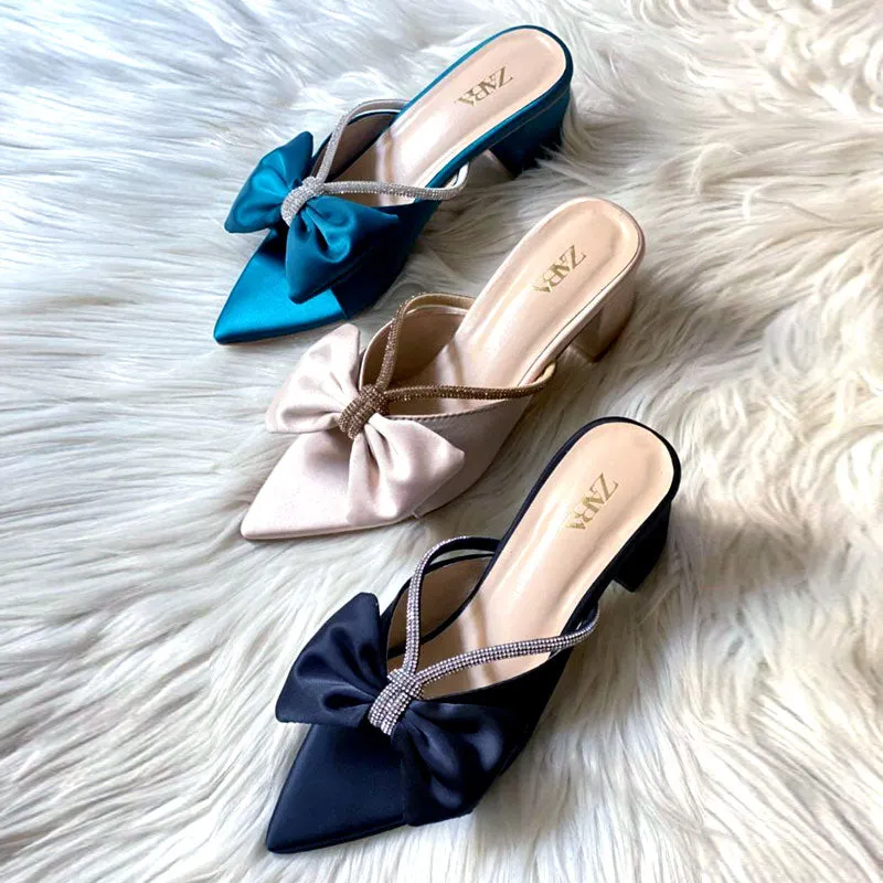 Formal Satin Bow Rhinestone Decor Block Heels