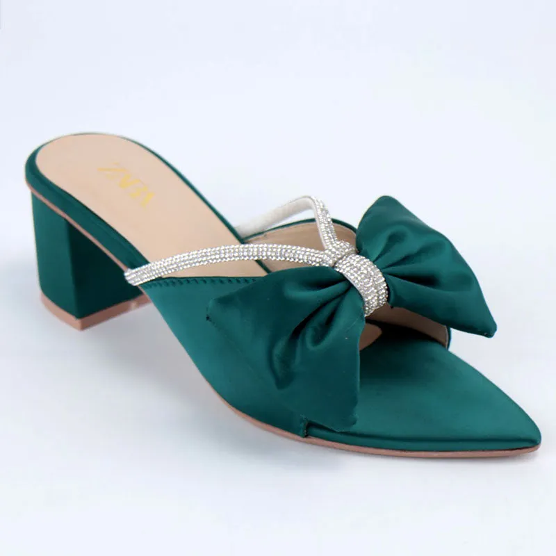 Formal Satin Bow Rhinestone Decor Block Heels