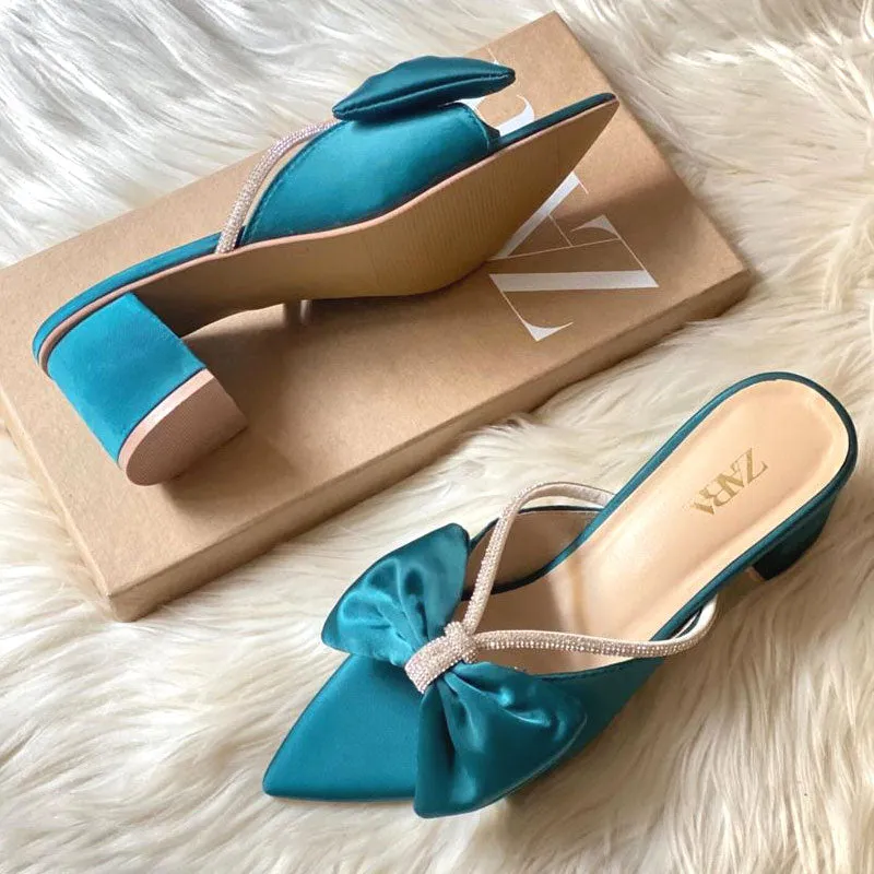 Formal Satin Bow Rhinestone Decor Block Heels