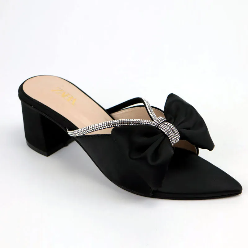 Formal Satin Bow Rhinestone Decor Block Heels