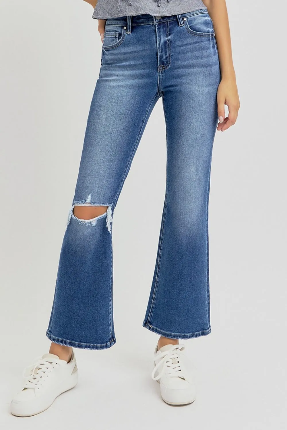 Full Size Distressed High Rise Crop Flare Jeans