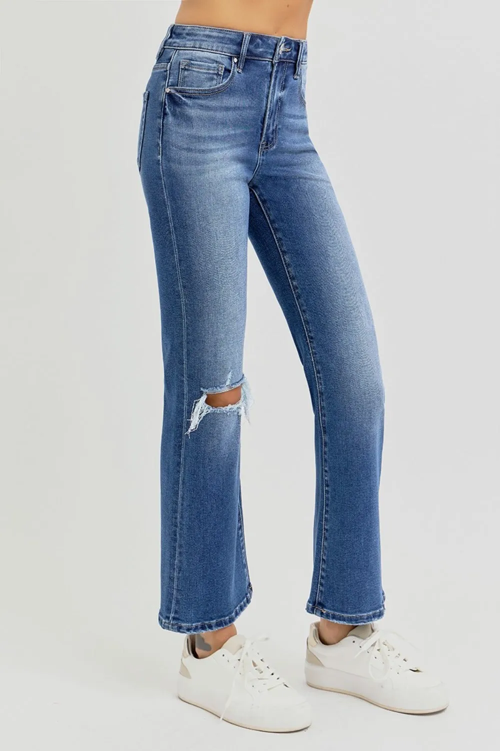 Full Size Distressed High Rise Crop Flare Jeans