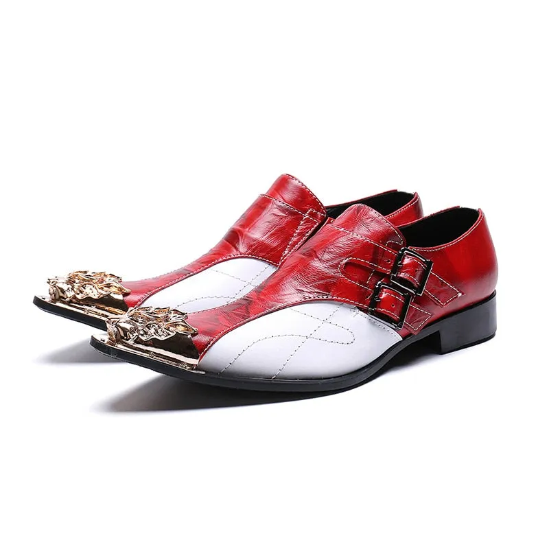 Genuine Leather Red White Double Buckle Oxford Shoes