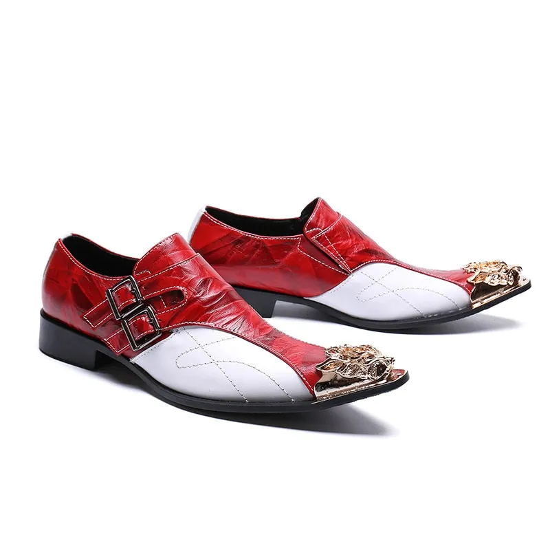 Genuine Leather Red White Double Buckle Oxford Shoes