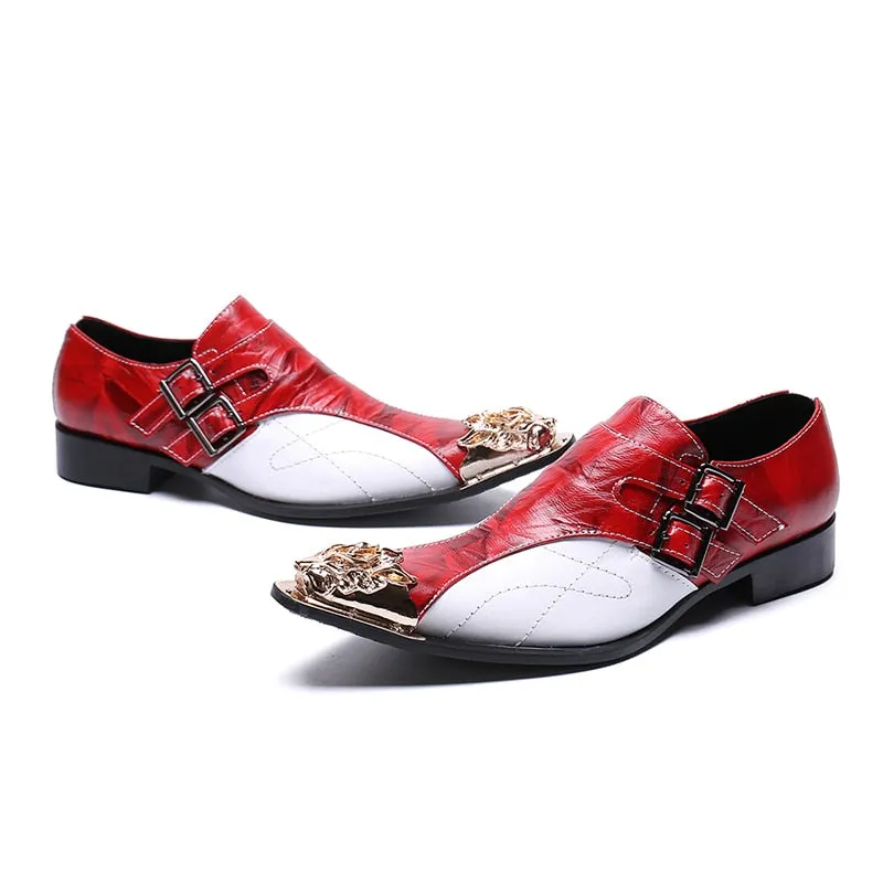 Genuine Leather Red White Double Buckle Oxford Shoes