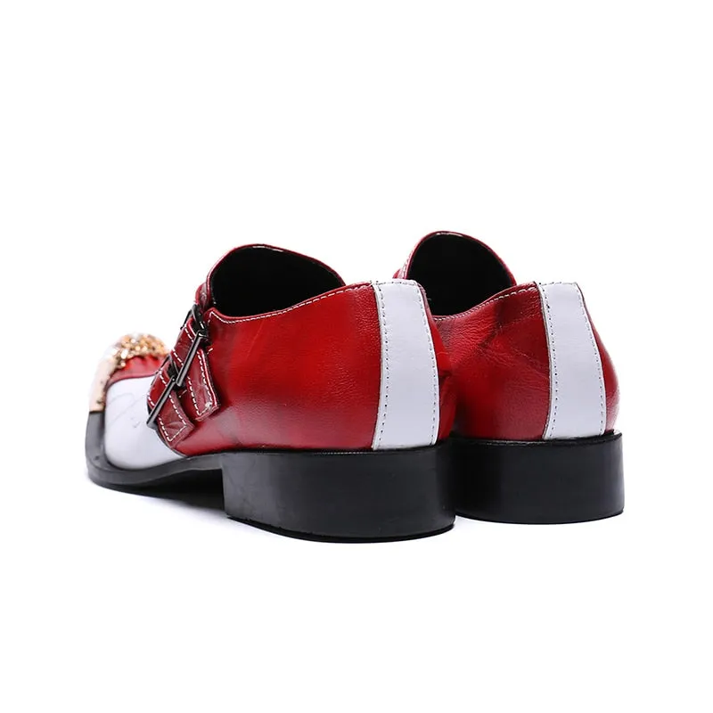 Genuine Leather Red White Double Buckle Oxford Shoes