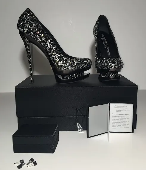 Gianmarco Lorenzi Black Label - As Seen on Nicki Minaj and Miranda Lambert - IT 39 Black and Clear Swarovski Rhinestone "Discoball" Pumps - IT 39