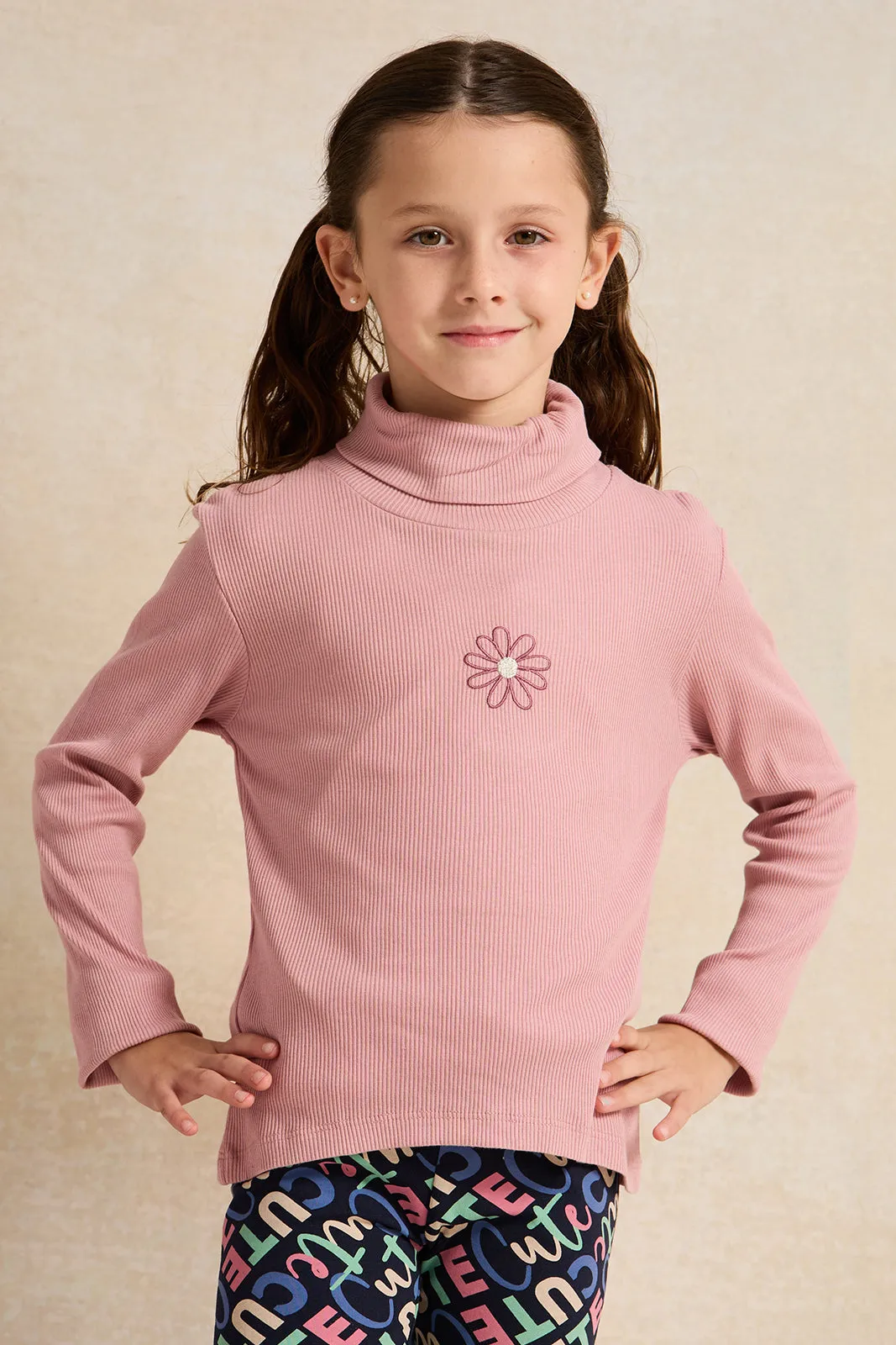 Girls Pink And Burgundy Ribbed T-Shirt Set (2 Piece)