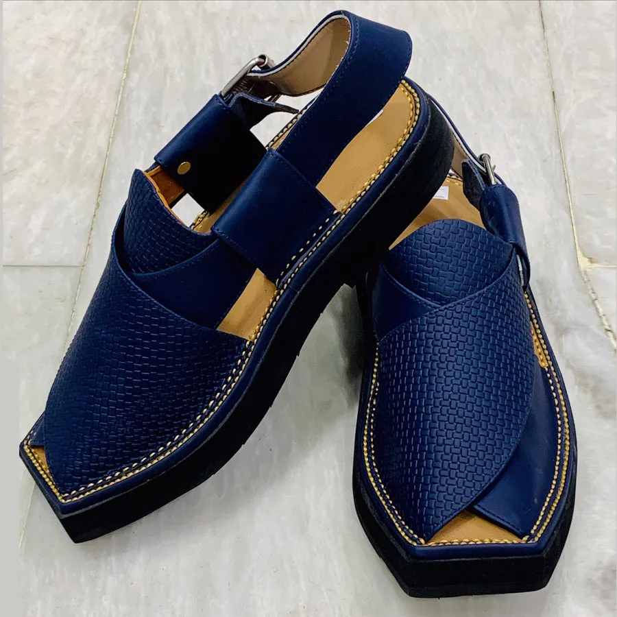 Handmade Blue Leather Peshawari Men's Chappal