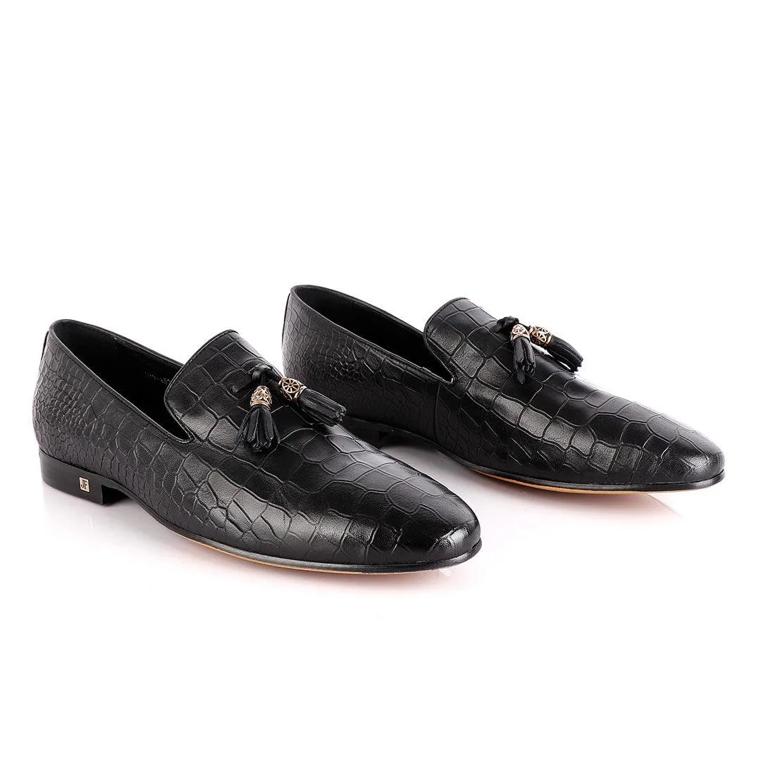 John Foster All round Croc Black Leather Tassel shoe