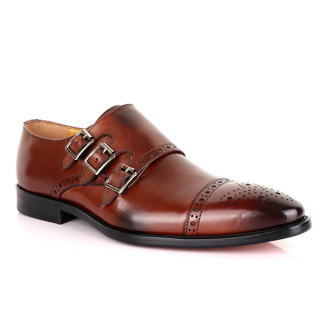 John Mendson 3 Buckle Strap Brown Leather Loafers