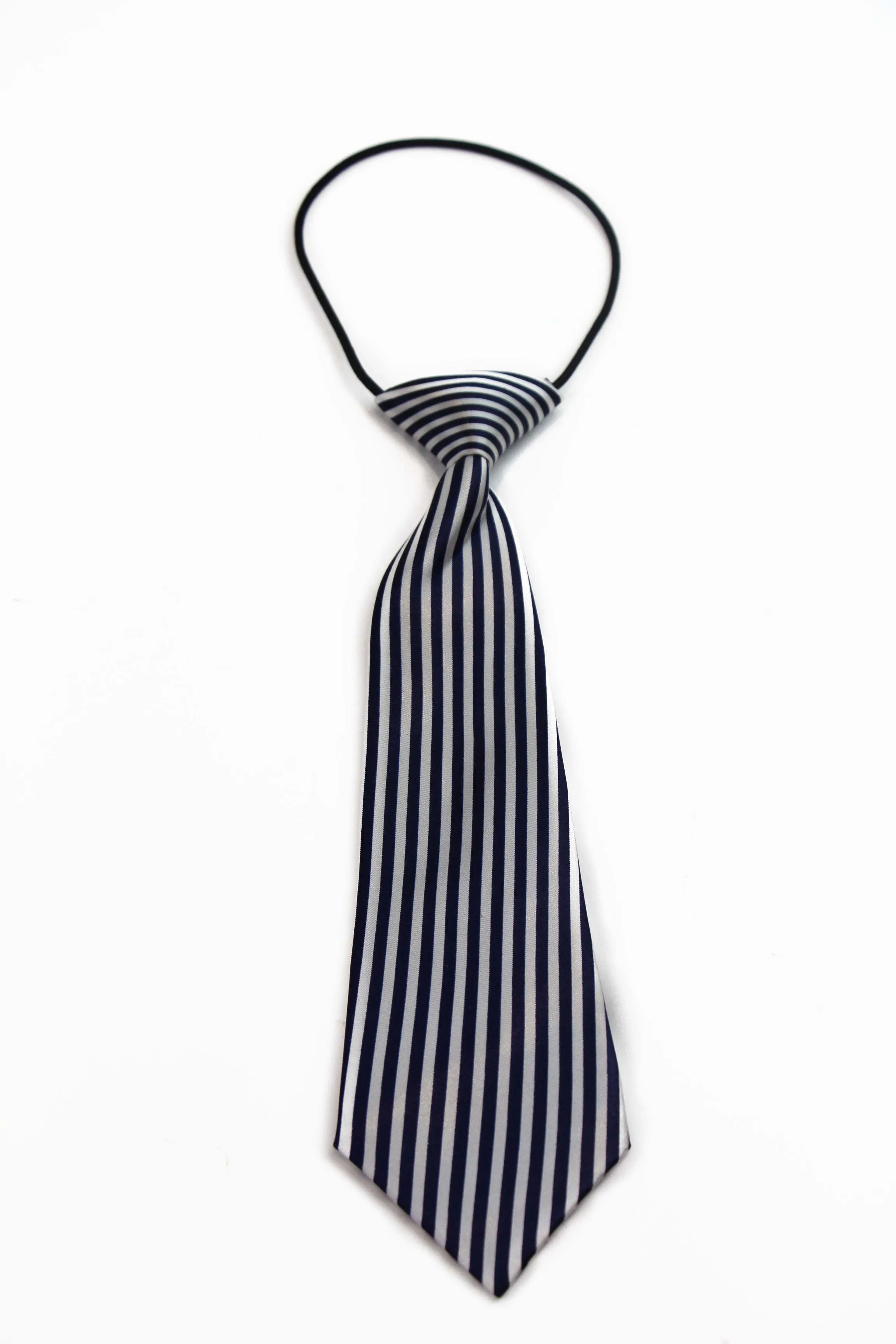 Kids Boys Navy & White Patterned Elastic Neck Tie - Vertical Thin Stripe