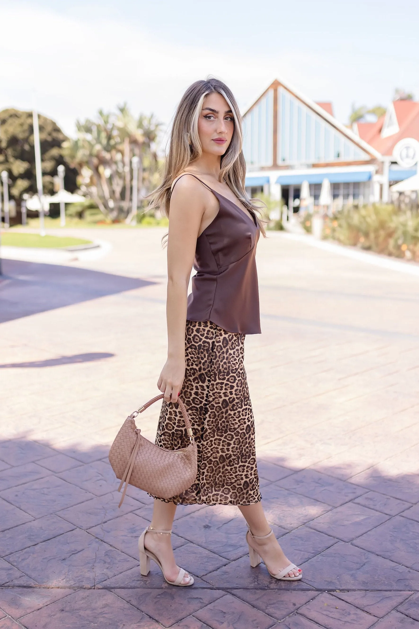 Makenna Leopard Print Mesh Midi Skirt Brown