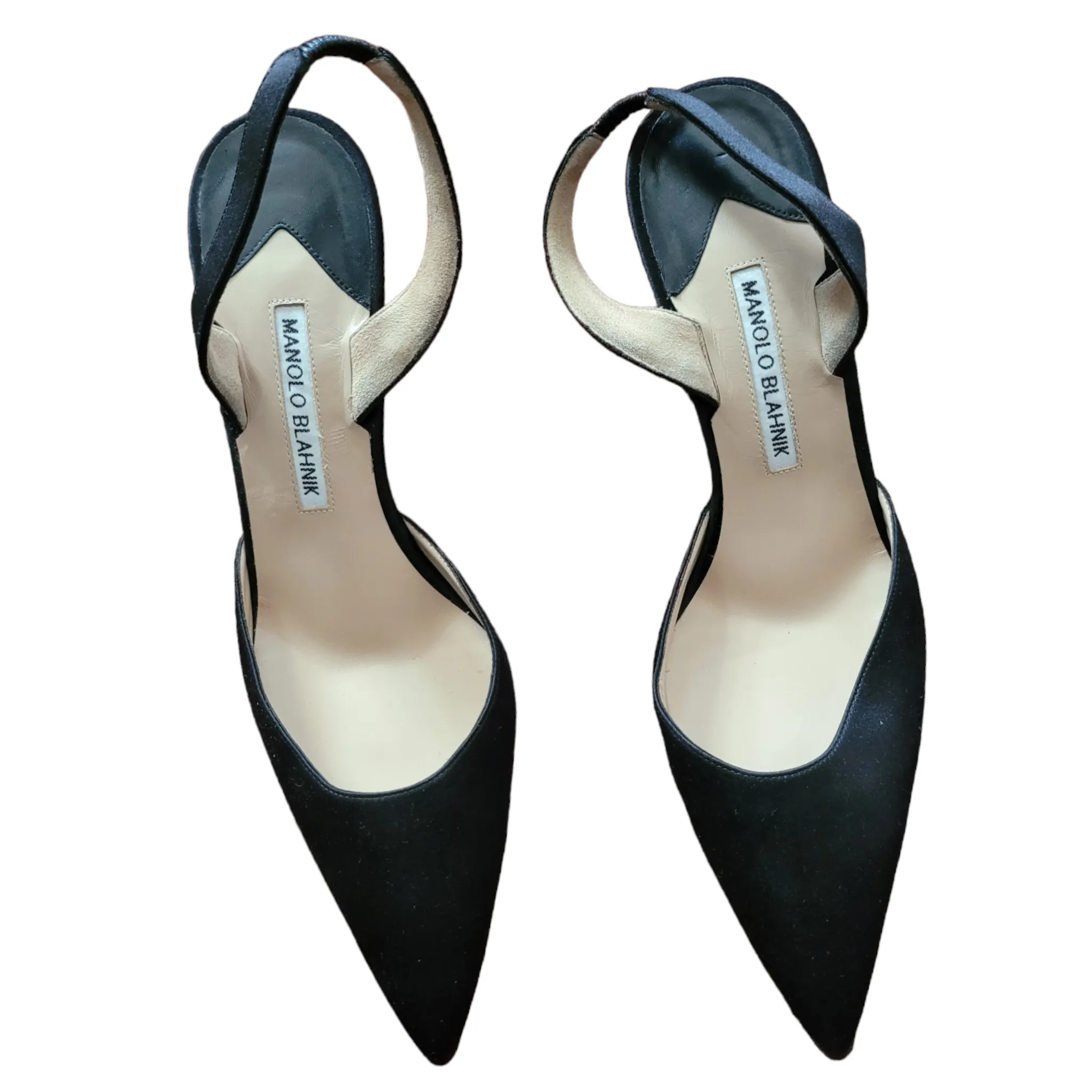 Manolo Blahnik Carolyne Satin Pointy Toe Black Slingback Pumps Size 40/10