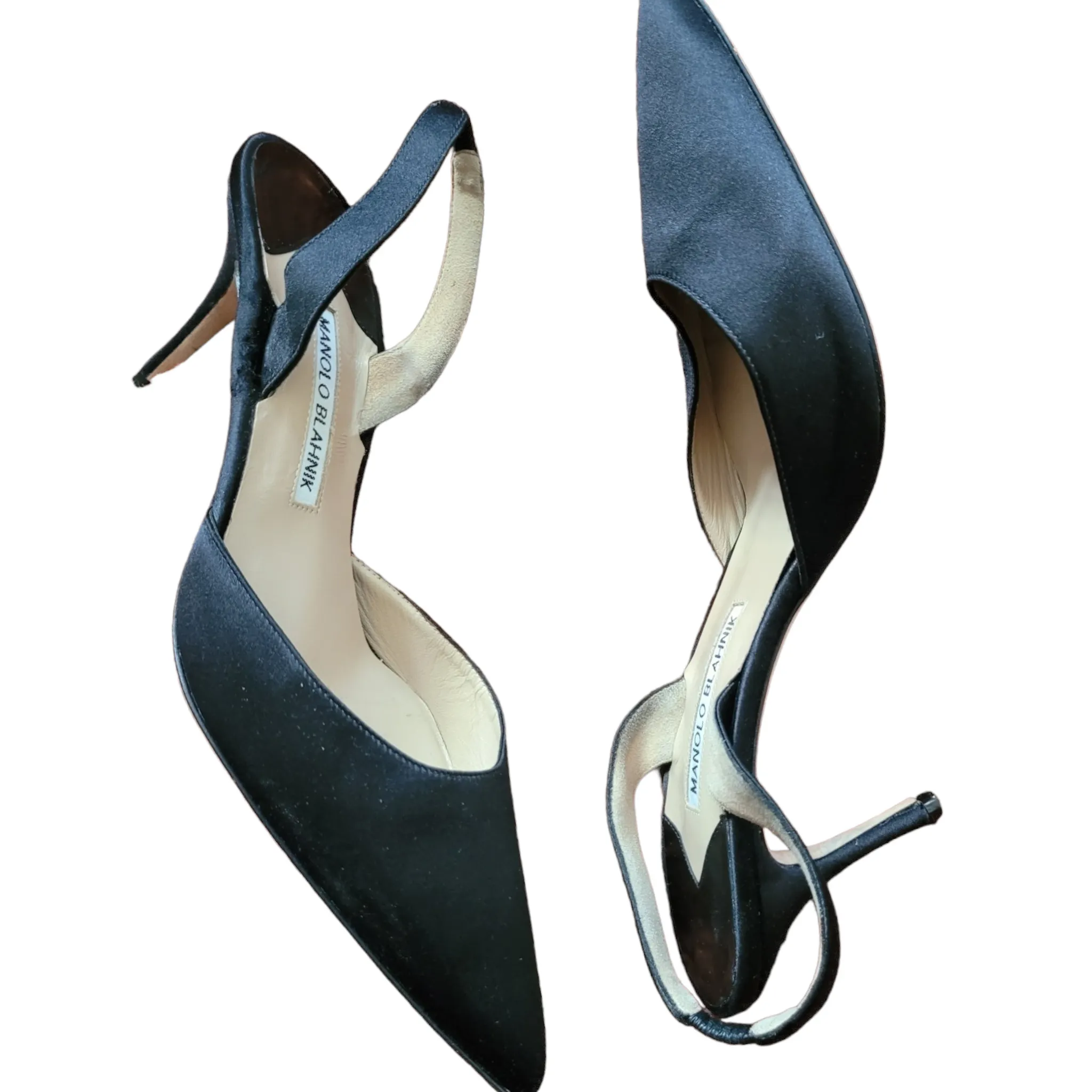 Manolo Blahnik Carolyne Satin Pointy Toe Black Slingback Pumps Size 40/10