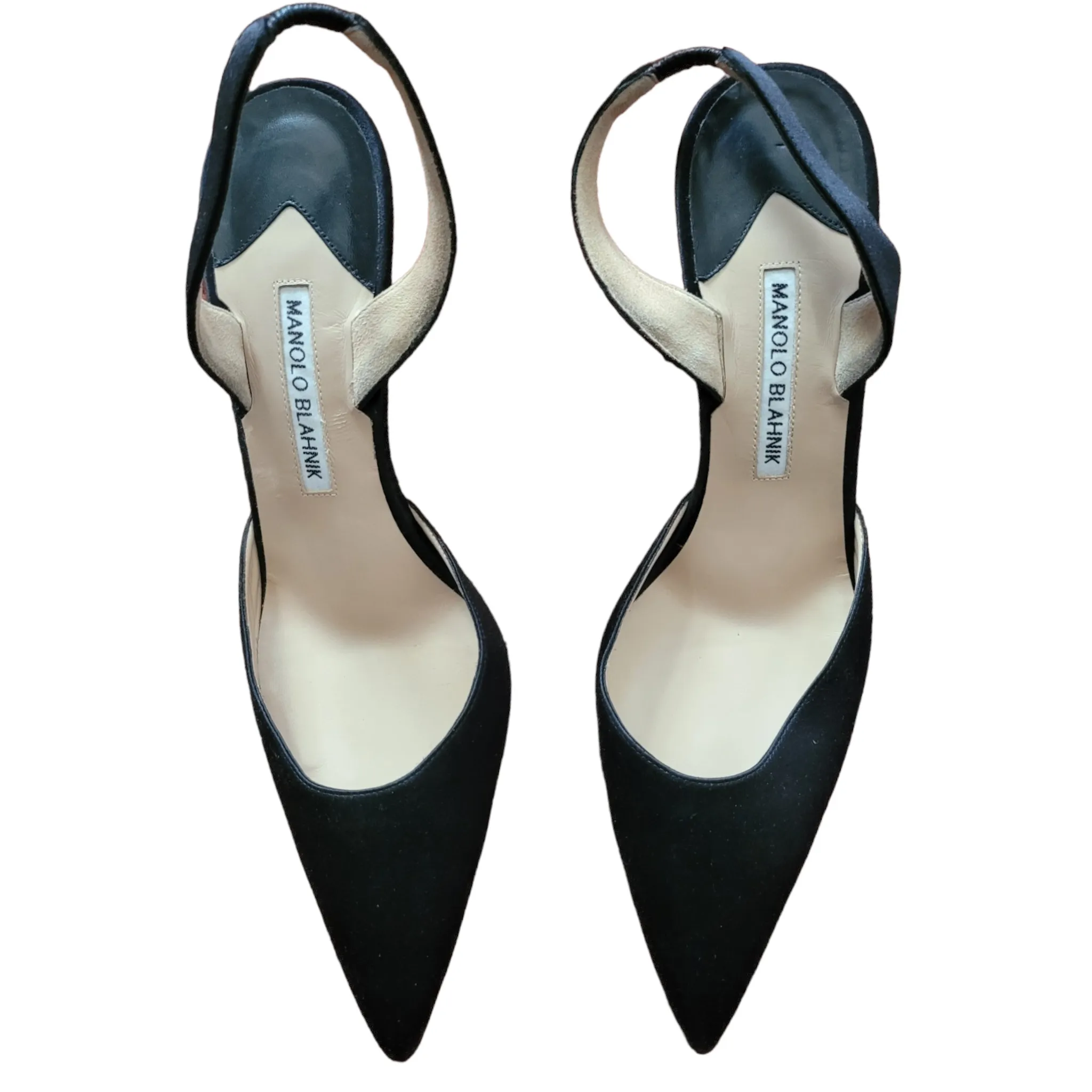 Manolo Blahnik Carolyne Satin Pointy Toe Black Slingback Pumps Size 40/10