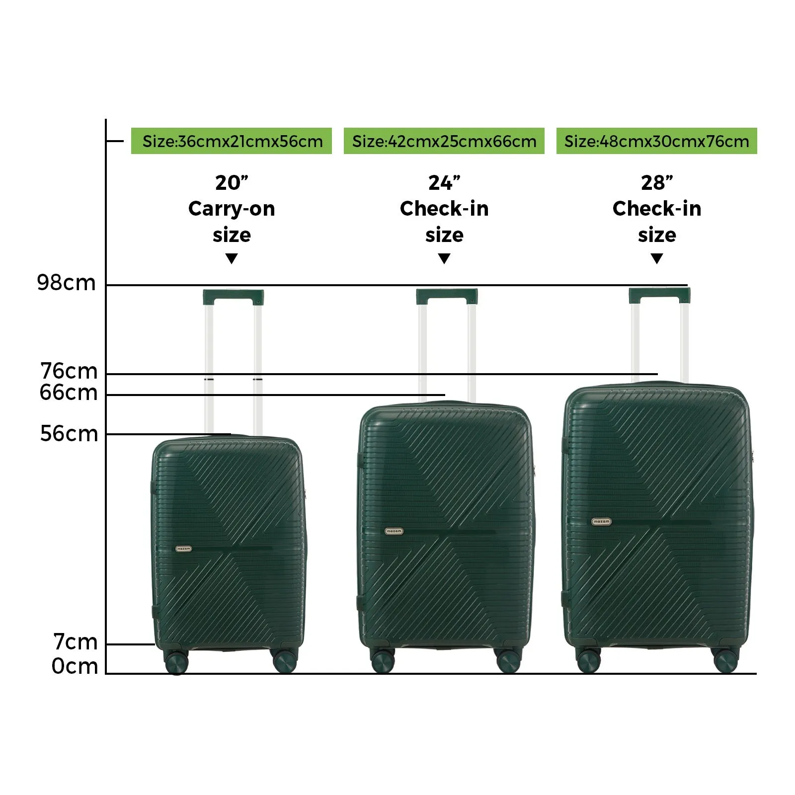 Mazam 3PCS Luggage Suitcase Trolley Set Travel Green PP Case TSA Lock Storage