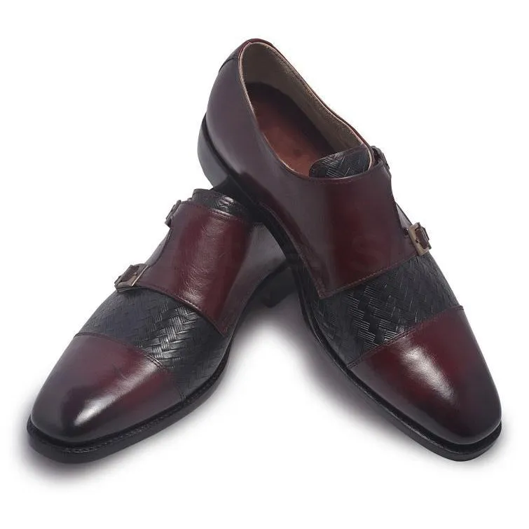 Men Distressed Two Tone Red Black Monk Strap Leather Shoes