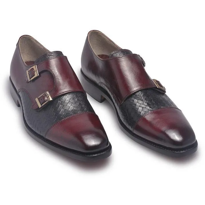 Men Distressed Two Tone Red Black Monk Strap Leather Shoes