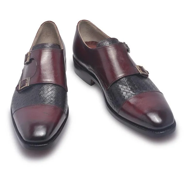 Men Distressed Two Tone Red Black Monk Strap Leather Shoes