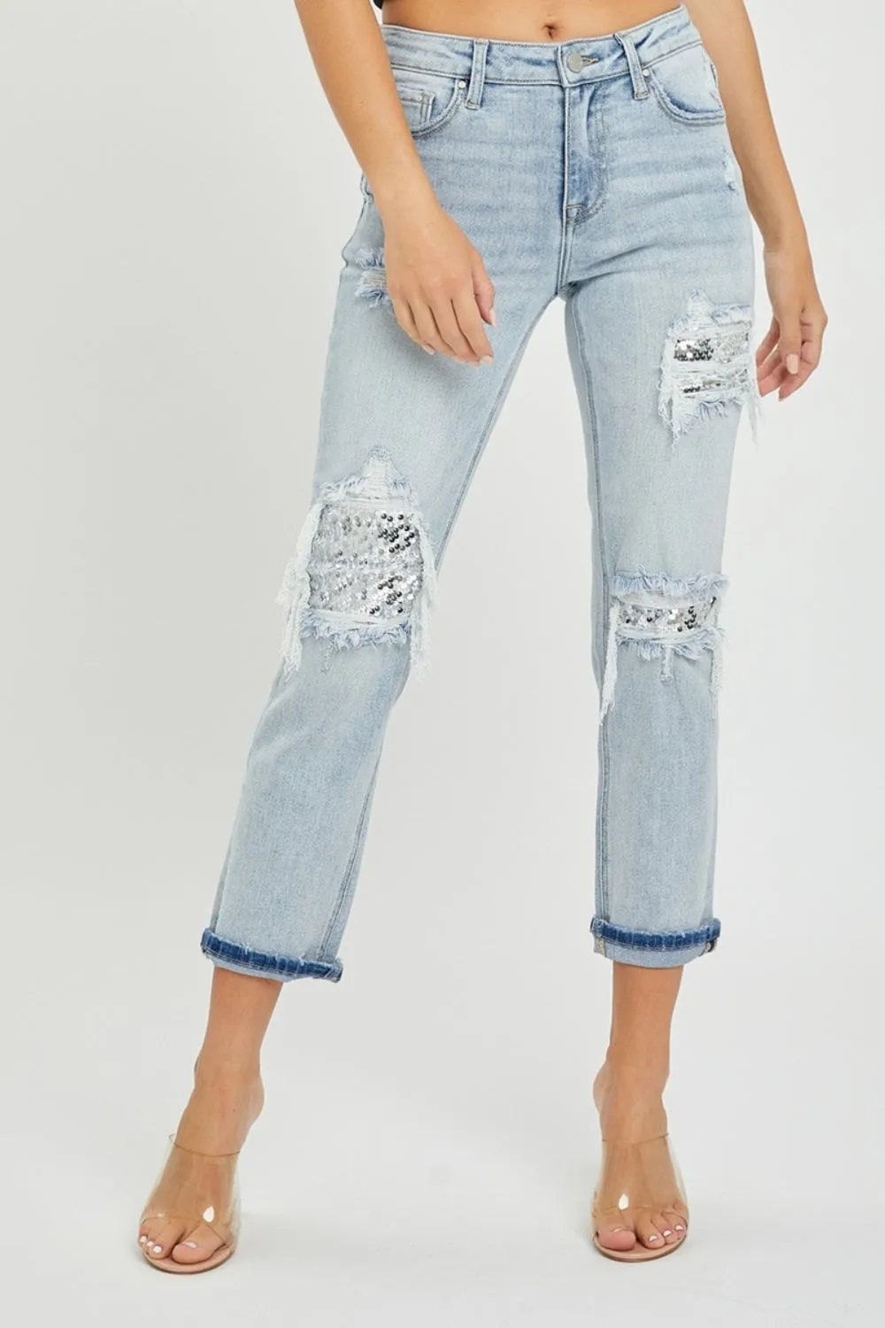 Mid-Rise Sequin Patched Jeans