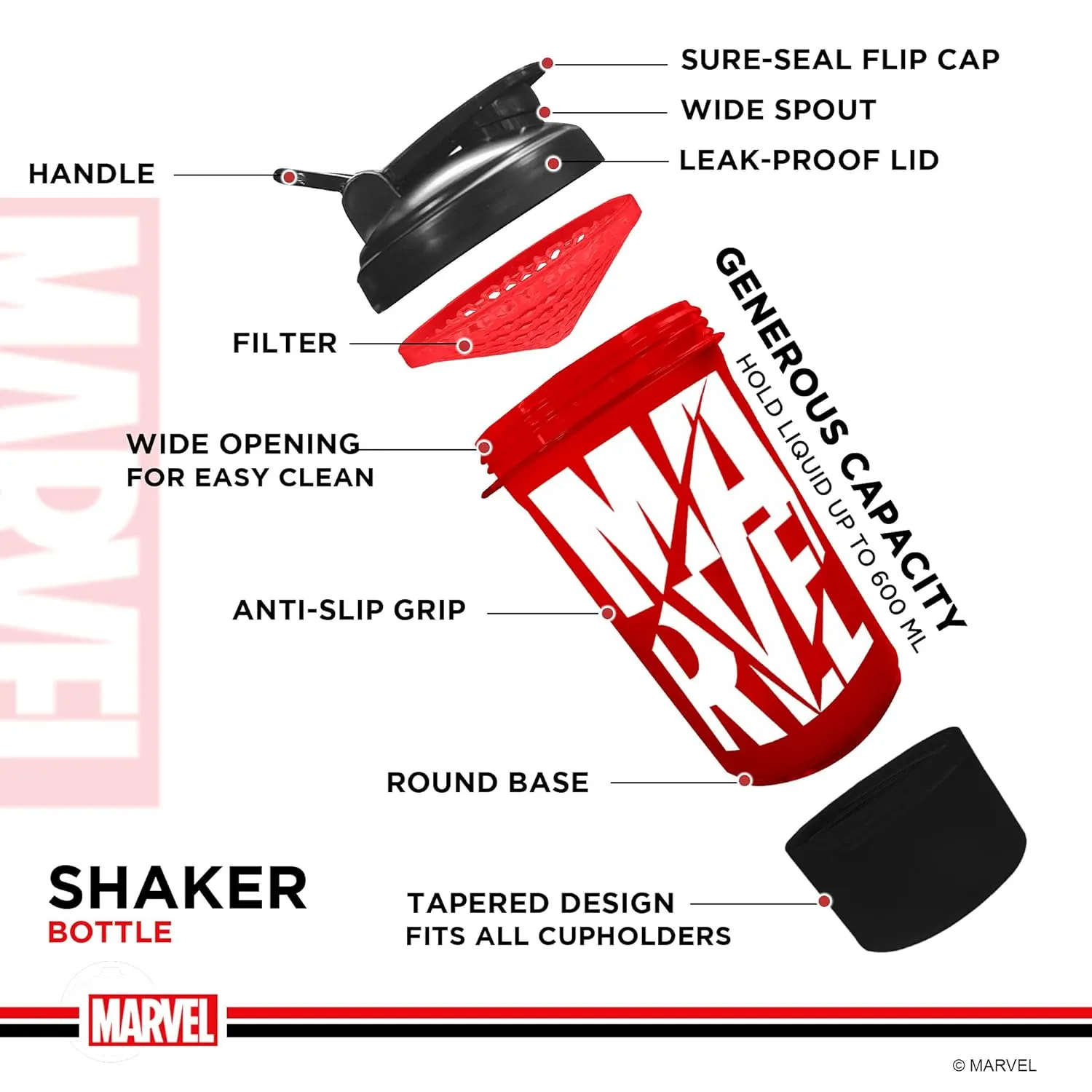 MSB-6S Marvel Edition Shaker Bottle 600ml | 100% Leakproof Guarantee Sipper Bottle Ideal for Protein | Pre-Workout and BCAAS | BPA Free Material | Plastic