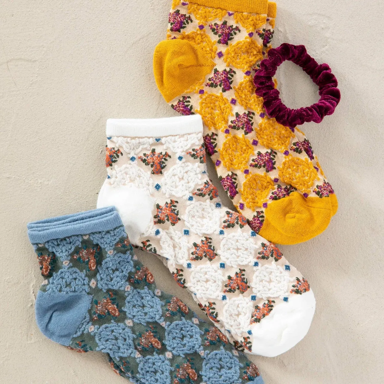 Natural Life Blossom Ankle Socks & Scrunchie, Set of 3 - Mustard