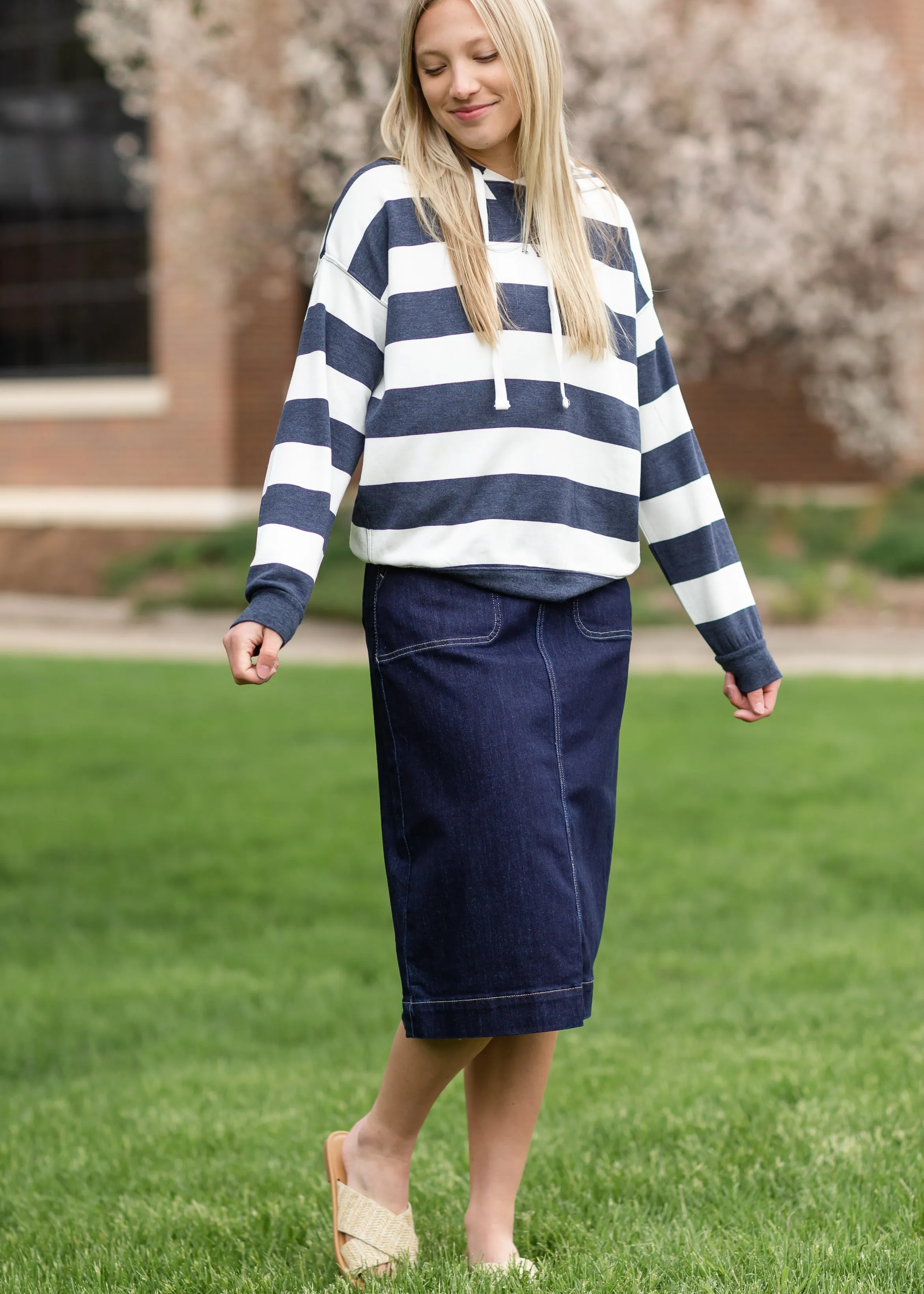 Navy & White Striped Hooded Sweatshirt