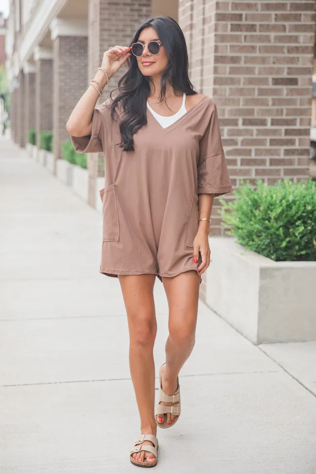 On A Daily Basis Brown Deep V-Neck Pocketed Romper