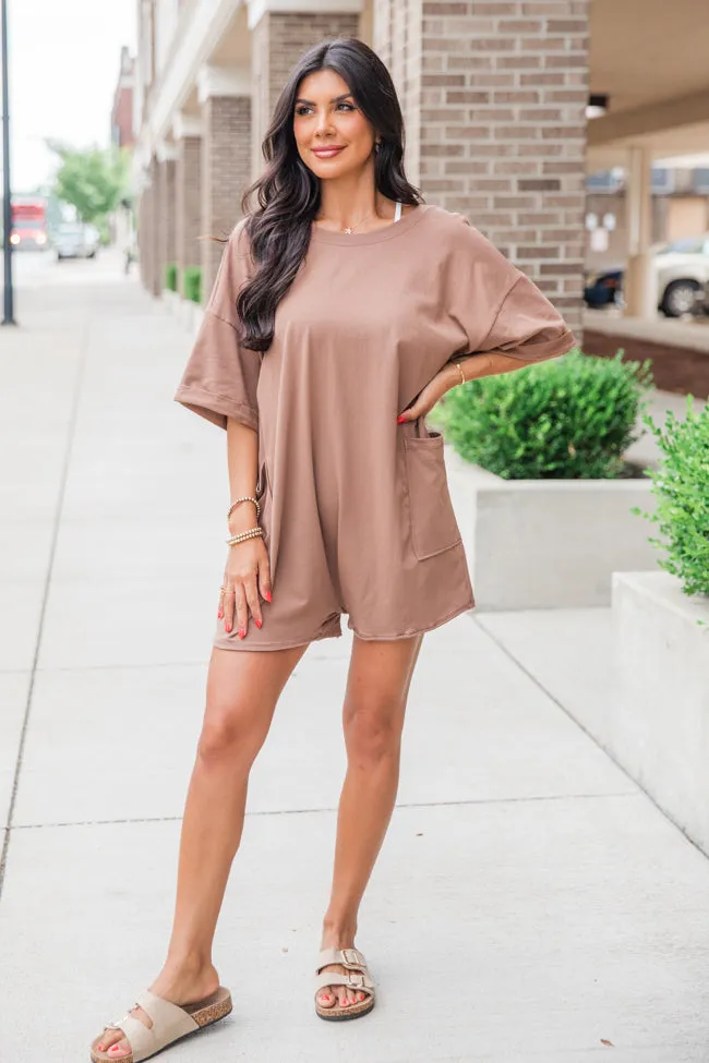 On A Daily Basis Brown Deep V-Neck Pocketed Romper