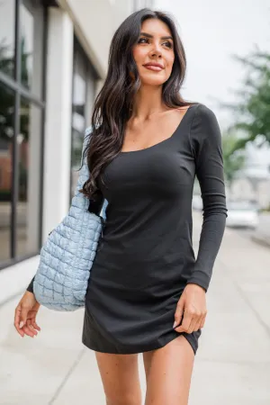 On The Rise Black Long Sleeve Open Back Active Dress