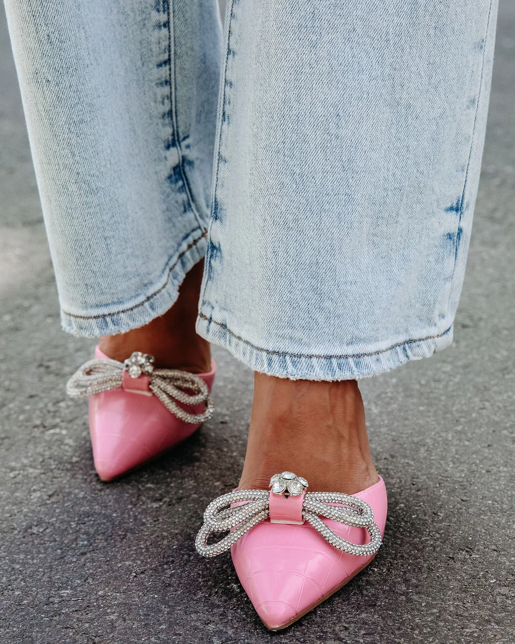 Ophelia Croc Embossed Crystal Embellished Bow Mule Heels