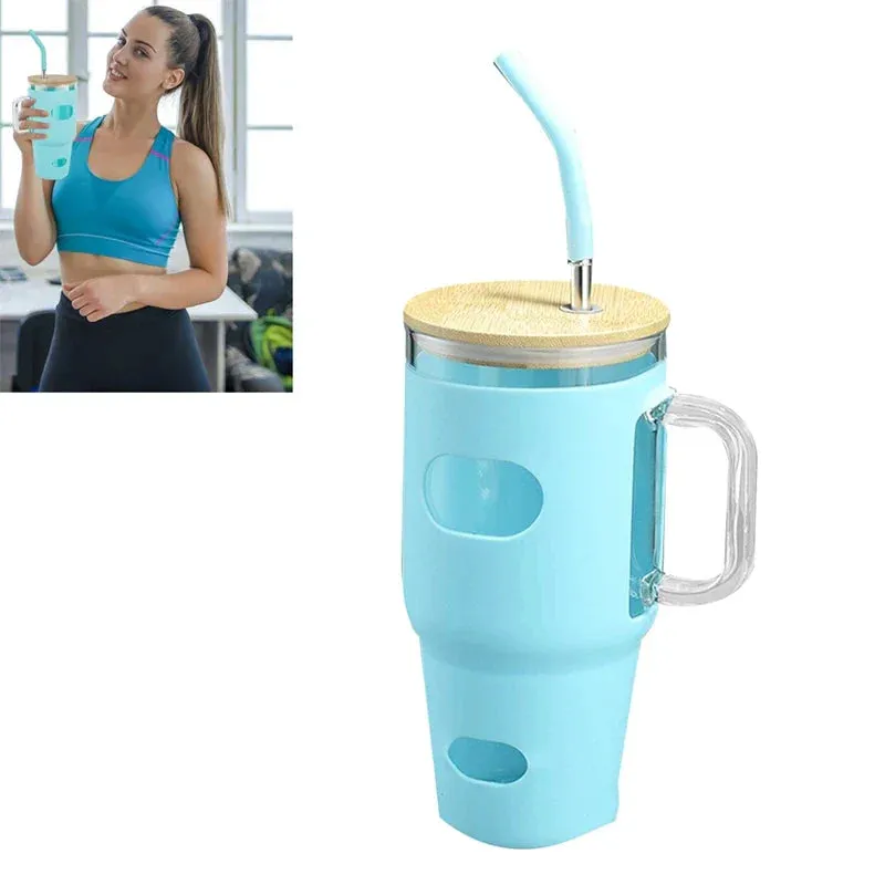 Portable Glass Cup with Lid, Straw & Silicone Sleeve