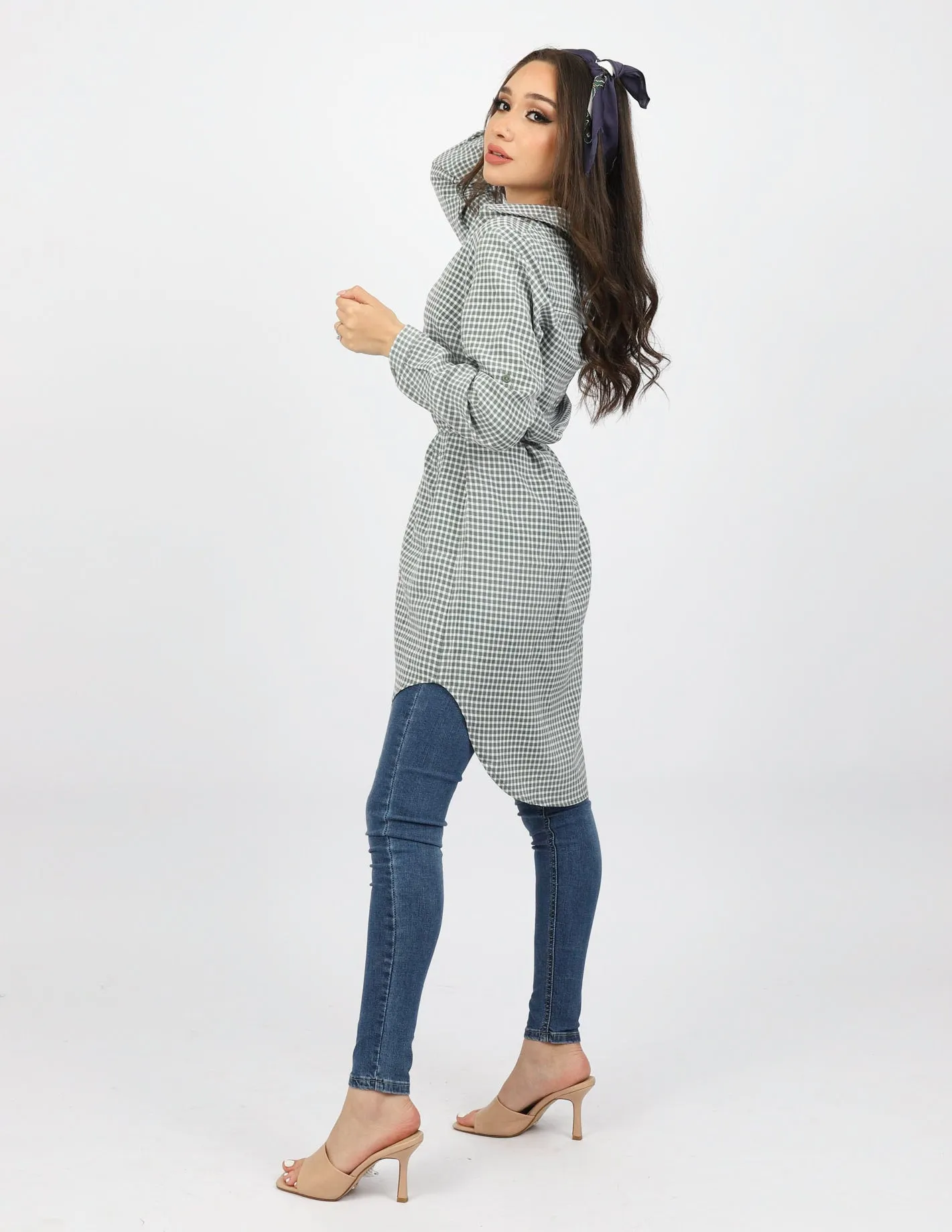 Roll Sleeve Checkered Loop Top