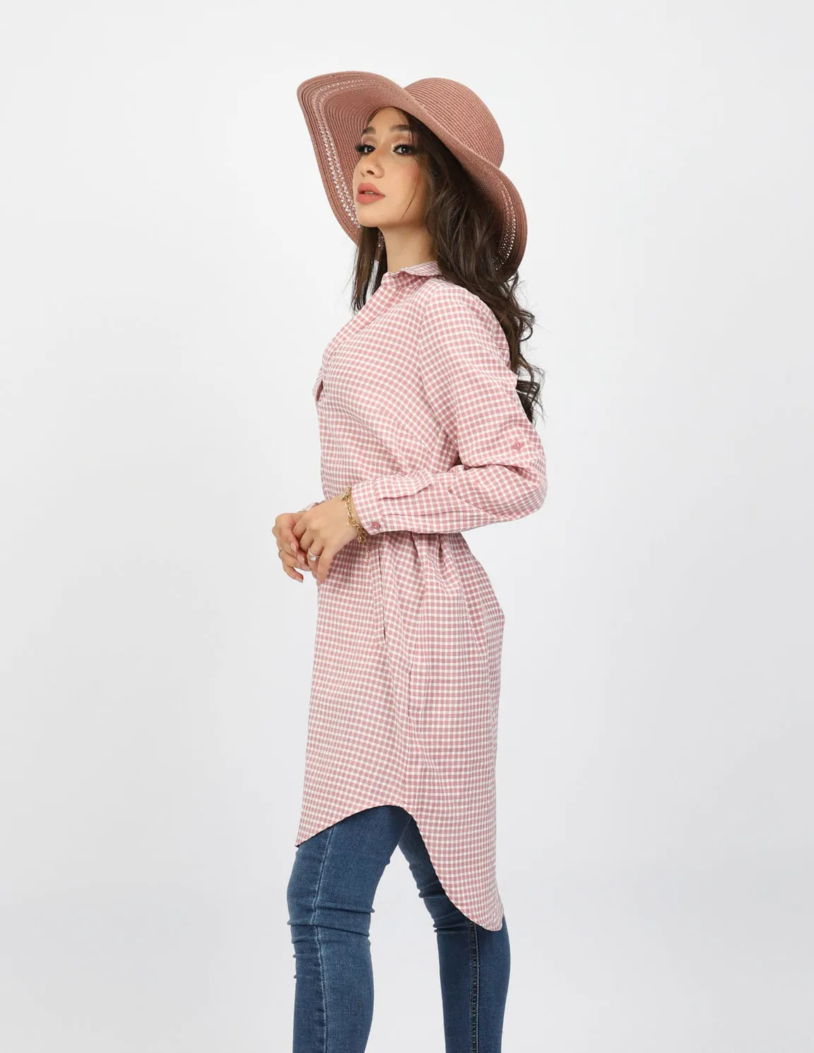 Roll Sleeve Checkered Loop Top