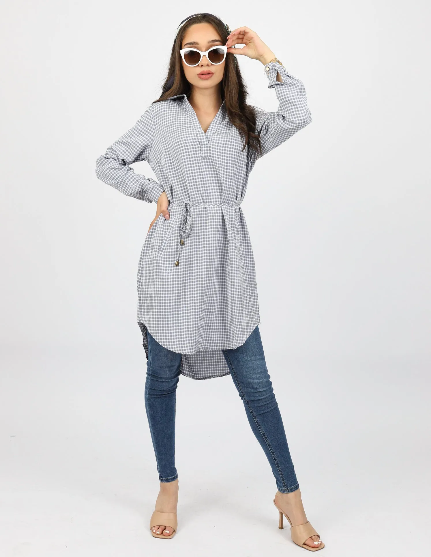 Roll Sleeve Checkered Loop Top