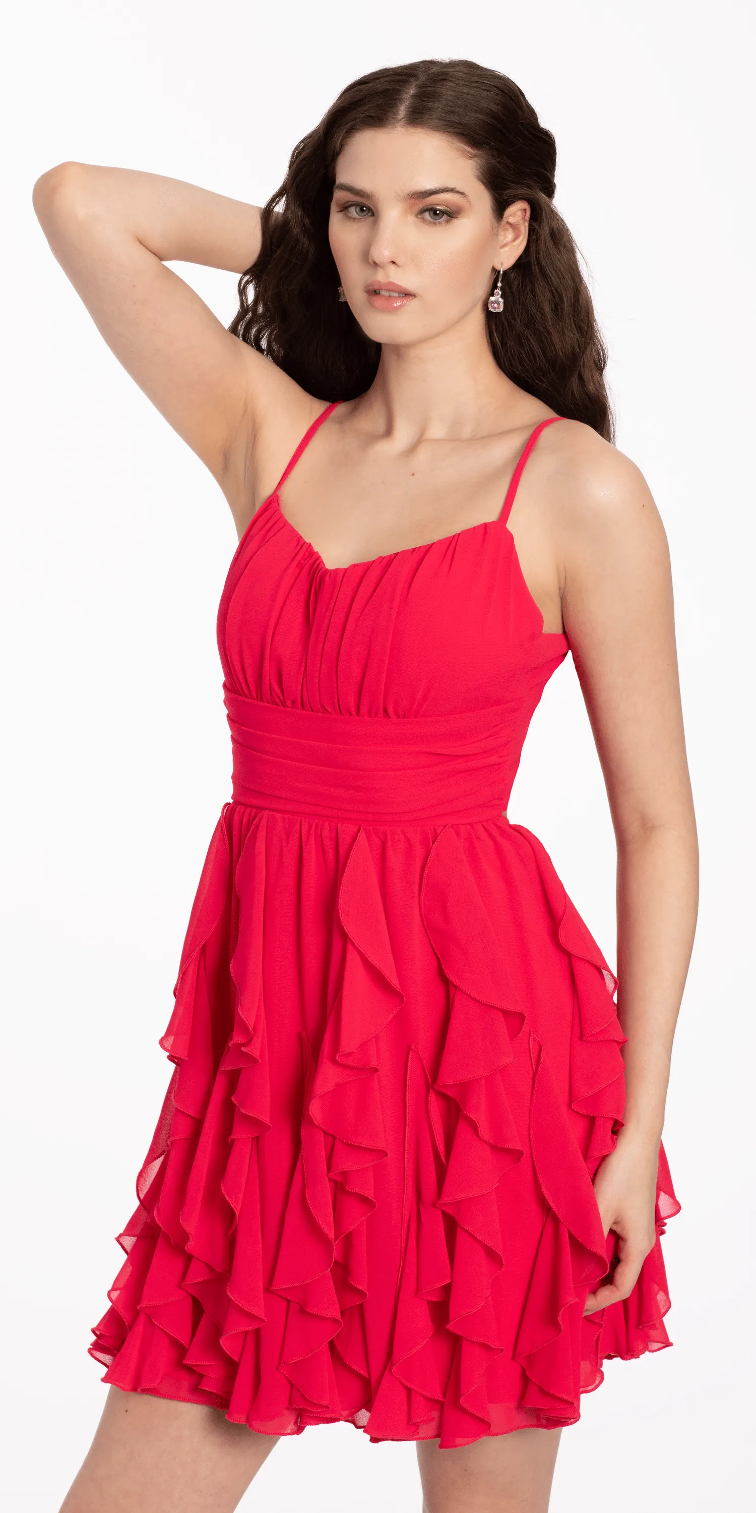 Ruched Bodice Chiffon Corkscrew Ruffle Dress