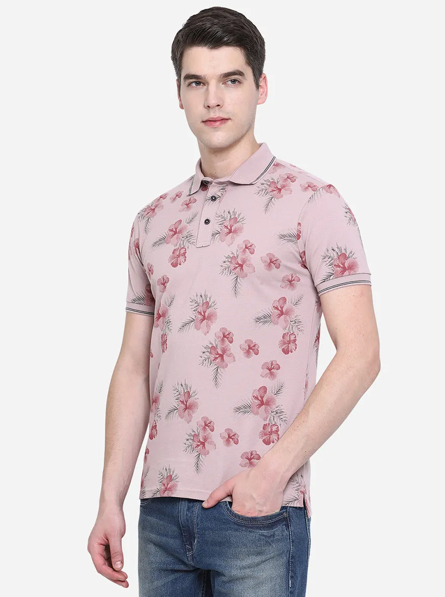 Sand Pink Printed Slim Fit Polo T-Shirt | JadeBlue