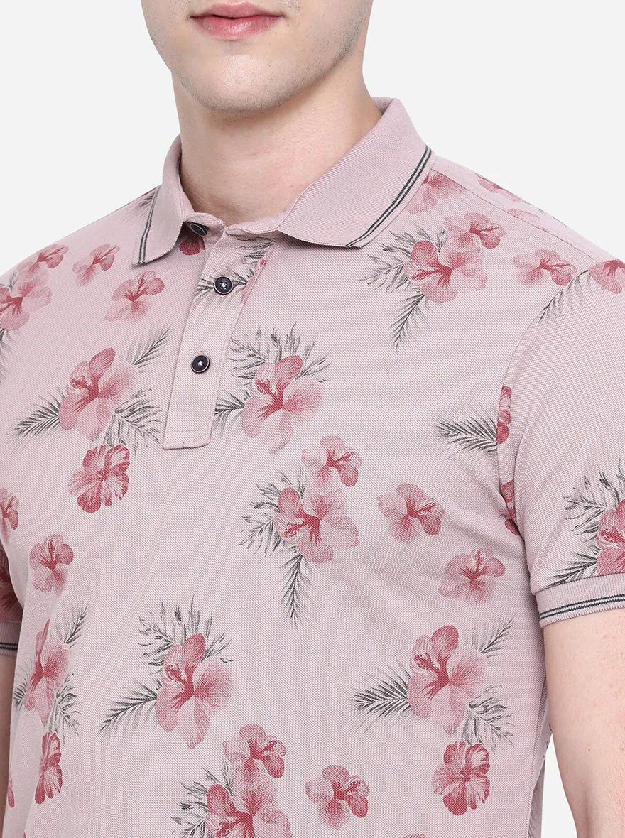 Sand Pink Printed Slim Fit Polo T-Shirt | JadeBlue