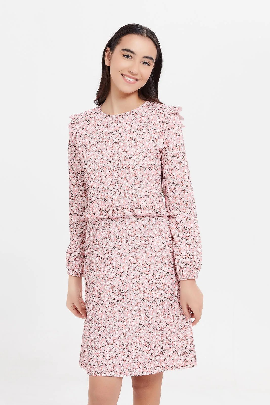 Senior Girls Pink Floral Print Dress