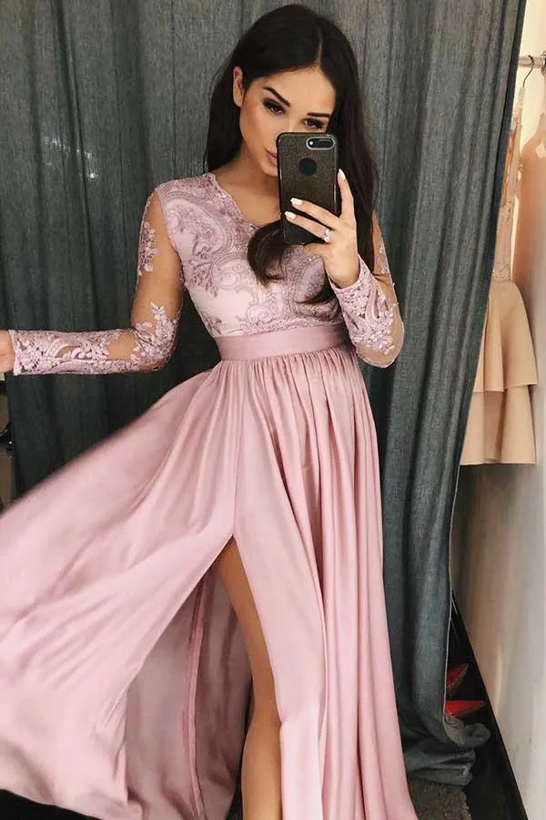 Simple V Neck Long Prom Dress with Long Sleeves, Pink Split Evening Dress with Lace UQ1732