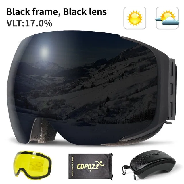 Snowboard Snow Goggles Magnet Dual Layers Lens Spherical Design Anti-Fog UV Protection Anti-Slip Strap for Men Women