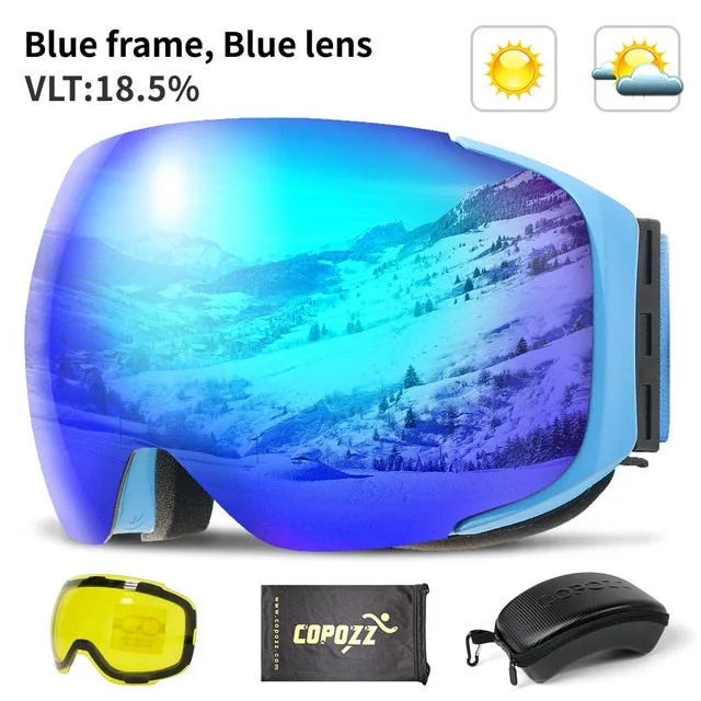 Snowboard Snow Goggles Magnet Dual Layers Lens Spherical Design Anti-Fog UV Protection Anti-Slip Strap for Men Women