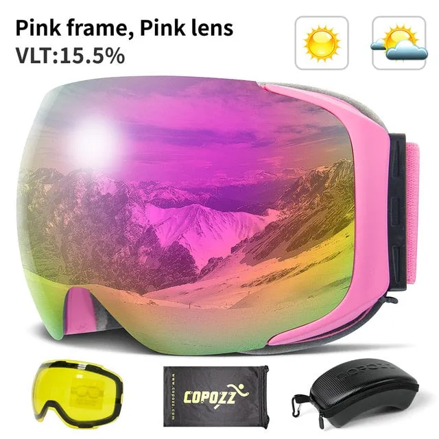 Snowboard Snow Goggles Magnet Dual Layers Lens Spherical Design Anti-Fog UV Protection Anti-Slip Strap for Men Women