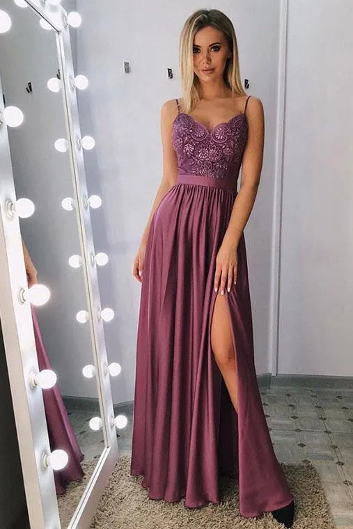 Spaghetti Straps Floor Length Prom Dress with Appliques Beading, A Line Long Formal Dress UQ2460