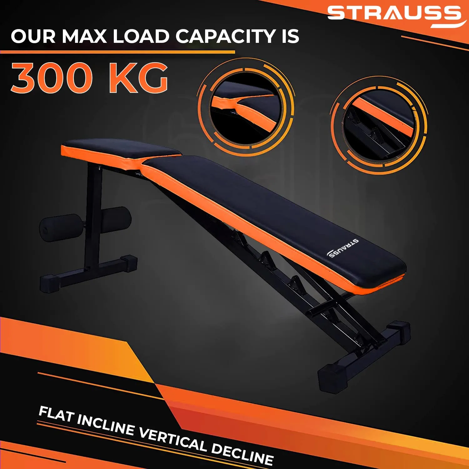 Strauss Adjustable Heavy Duty Workout Gym Bench | Home Gym Bench for Multipurpose Exercises | Incline Decline Bench with 7 Positions | Fitness Bench for Bench Press, Chest Press,(Black/Orange)