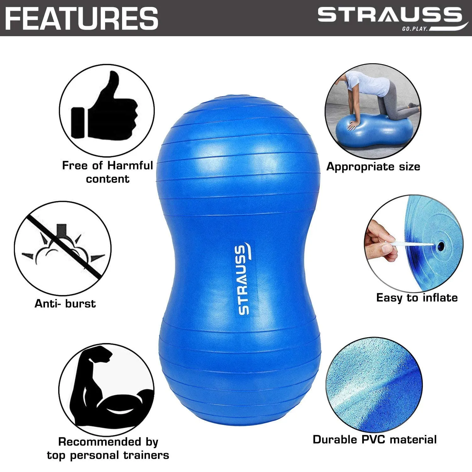 STRAUSS Anti-Burst Rubber Peanut Shape Gym Ball with Free Foot Pump | Round Shape Swiss Ball for Exercise, Workout, Yoga, Pregnancy, Birthing, Balance & Stability, 95x45 cm, (Blue)