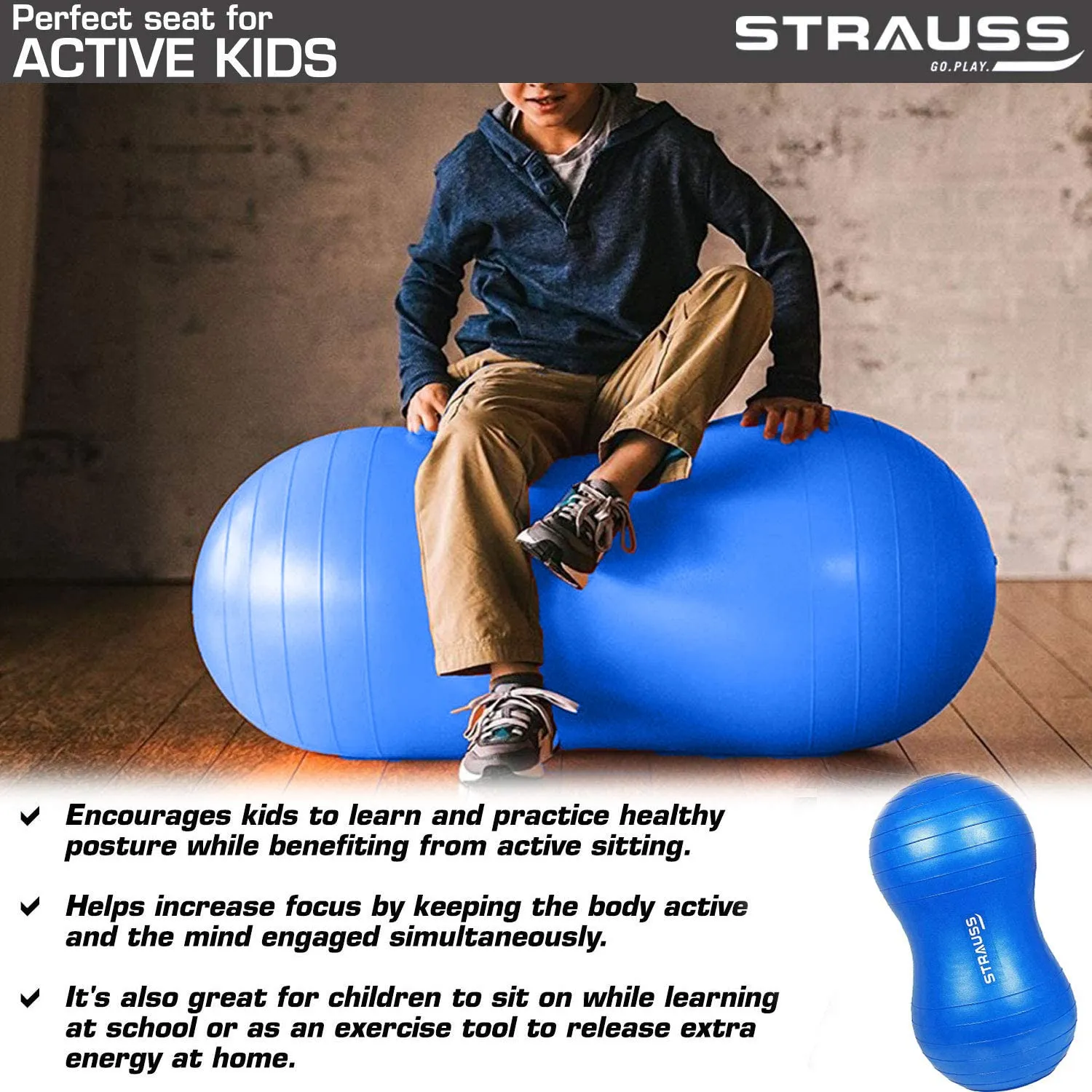 STRAUSS Anti-Burst Rubber Peanut Shape Gym Ball with Free Foot Pump | Round Shape Swiss Ball for Exercise, Workout, Yoga, Pregnancy, Birthing, Balance & Stability, 95x45 cm, (Blue)