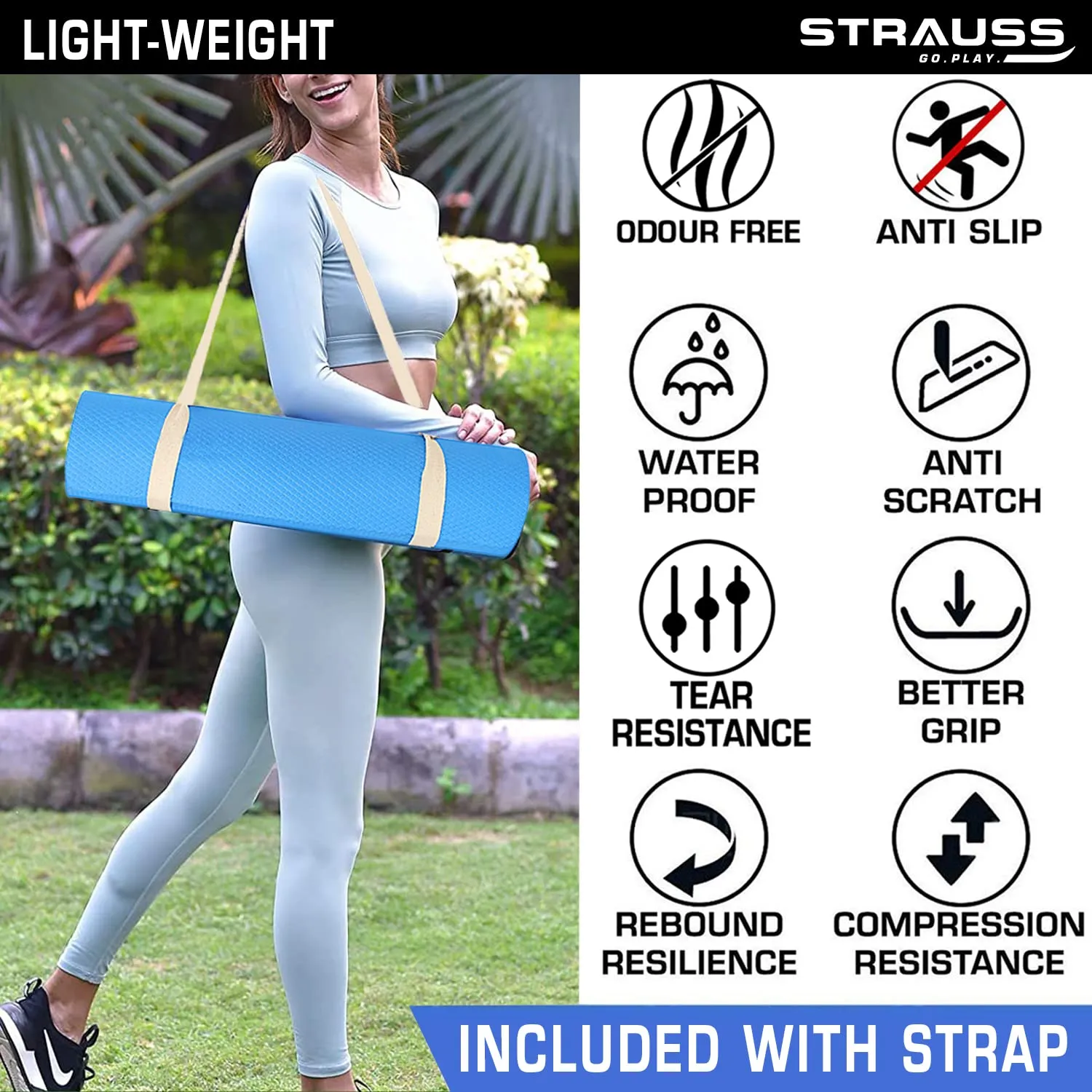 Strauss Anti Skid EVA Yoga Mat with Carry Strap, 4mm, (Sky Blue)