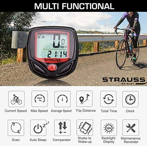 Strauss Bicycle Speedometer, (Black/Red) and Bicycle LED Headlight with Horn